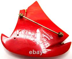 Beautiful Red BAKELITE & Wooden Sailboat Vintage Pin Brooch