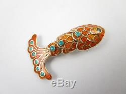 Beautiful Vintage Margot De Taxco Mexican Silver Orange Enamel Fish Pin #2