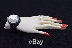 Beautiful Vintage Painted & Jeweled Plastic Elegant Hand Pin Brooch