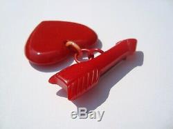 Beautiful Vintage Red Bakelite Heart Arrow Brooch Pin