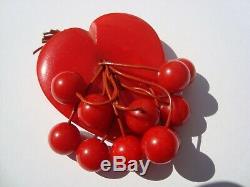 Beautiful Vintage Red Bakelite Heart Brooch Pin with Cherries