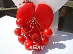 Beautiful Vintage Red Bakelite Heart Brooch Pin with Cherries
