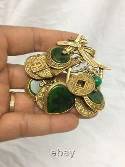 Beautiful Vtg Signed Art Green Bakelite Asian Theme Clip Pin Brooch