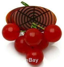 Best Vintage Bakelite Cherry Red Dangling Cherries Overdyed Log Brooch Pin -Mint