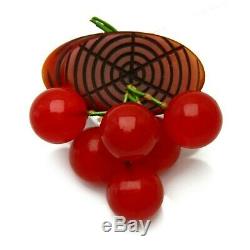 Best Vintage Bakelite Cherry Red Dangling Cherries Overdyed Log Brooch Pin -Mint