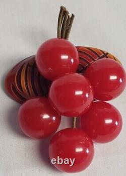 Big Art Deco hand carved Bakelite slice of wood 6 red cherries bunch brooch pin