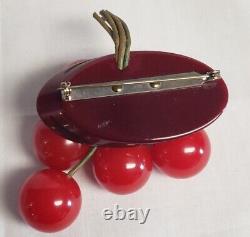 Big Art Deco hand carved Bakelite slice of wood 6 red cherries bunch brooch pin