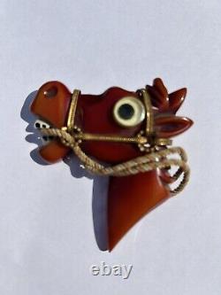 Big Vintage 1930s Hand Carved Googly Eyed Whimsical Bakelite Horse Brooch Pin