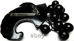 Black BAKELITE Carved Cornucopia Beaded Vintage Pin Brooch