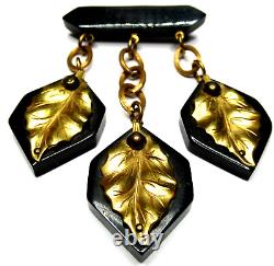 Black BAKELITE Golden Leaves Dangling Vintage Pin Brooch