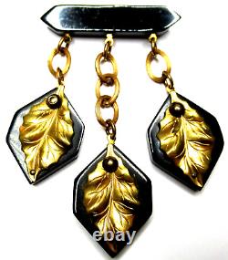 Black BAKELITE Golden Leaves Dangling Vintage Pin Brooch