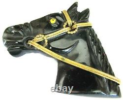 Black BAKELITE Horse Head Wearing Bridle Equestrian Vintage Pin Brooch