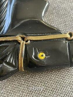 Black BAKELITE Horse Head Wearing Bridle Equestrian Vintage Pin Brooch 3 Inch