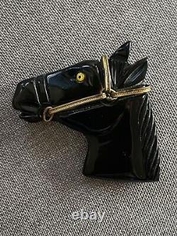 Black BAKELITE Horse Head Wearing Bridle Equestrian Vintage Pin Brooch 3 Inch