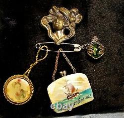 Brass Gibson Girl Chatelaine Pin Belt Clip, Green Glass Perfume, MOP Purse, Doll