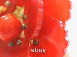 Bright Cherry Lipstick Red Bakelite Poppy Flower Pin Brooch Antique 1920's Gem