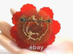 Bright Cherry Lipstick Red Bakelite Poppy Flower Pin Brooch Antique 1920's Gem