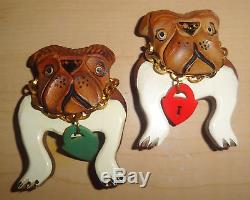 Bulldog Pair Of Bakelite Wood Pins French W Dog Tags Old Vintage Retro Best