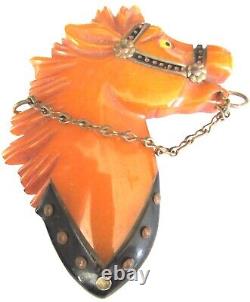 Butterscotch BAKELITE Carved Horse Head Wearing Bridle & Collar Vintage Pin