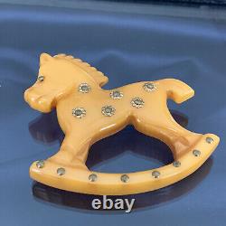 Butterscotch Bakelite RARE Book Piece Carved Rocking Horse Pin withMetal Studs