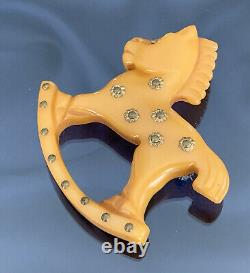 Butterscotch Bakelite RARE Book Piece Carved Rocking Horse Pin withMetal Studs