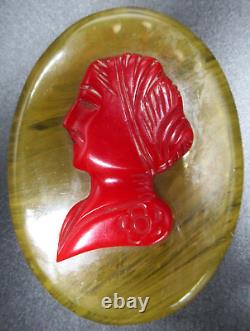 Butterscotch & Cherry Red BAKELITE Cameo Vintage Pin Brooch
