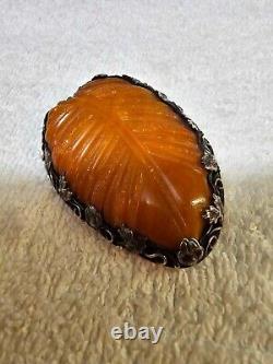 Butterscotch amber /bakelite RARE Sterling Brooch Pin Leaf & Flowers Frame -B5