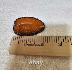 Butterscotch amber /bakelite RARE Sterling Brooch Pin Leaf & Flowers Frame -B5
