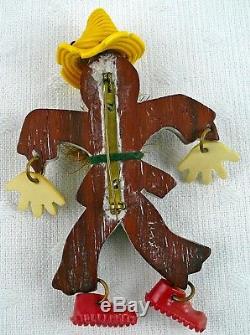 Ca 1940s Vintage Articulated Wood & Celluloid Figural Scarecrow Pin Brooch