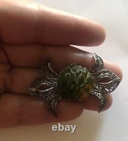 Carved Bakelite Brooch Pin Art Deco Apple juice Green Yellow 1940s Era