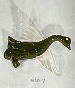 Carved Bakelite Lucite Goose Brooch Pin Marbled Spinache Green