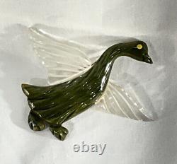 Carved Bakelite Lucite Goose Brooch Pin Marbled Spinache Green