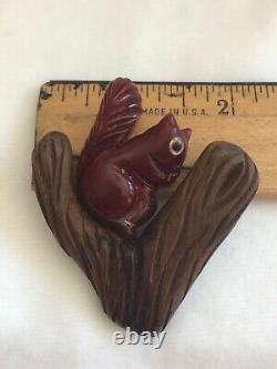 Carved Bakelite and Wood Squirrel on Branch Vintage Original Pin Brooch