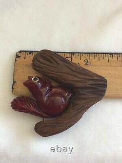Carved Bakelite and Wood Squirrel on Branch Vintage Original Pin Brooch