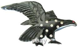 Carved Black BAKELITE Eagle Falcon Rhinestone Vintage Pin Brooch