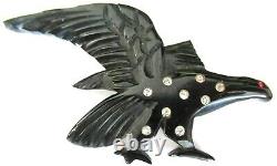 Carved Black BAKELITE Eagle Falcon Rhinestone Vintage Pin Brooch