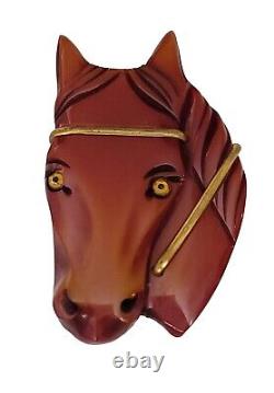 Carved Chestnut Bakelite Horse Glass Eyes Pin Brooch