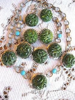 Carved Green Spinach Turquoise Bakelite Set Necklace Bracelet Earrings Ring Pin