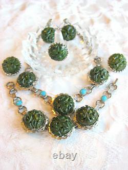 Carved Green Spinach Turquoise Bakelite Set Necklace Bracelet Earrings Ring Pin