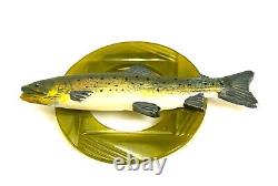 Carved Hand Painted Celluloid Trout Fish Green Bakelite Brooch Pin