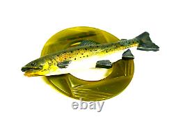 Carved Hand Painted Celluloid Trout Fish Green Bakelite Brooch Pin