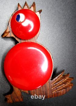 Carved Wood & Cherry Red BAKELITE Bird Vintage Pin Brooch