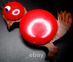 Carved Wood & Cherry Red BAKELITE Bird Vintage Pin Brooch