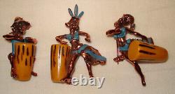 Charles F Worth Copper Enamel Dancing Lady Man Bakelite Bongo Drum Brooch Pins