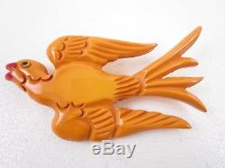 Charming Vintage 1940s Carved Butterscoth Bakelite Flying Bird Pin
