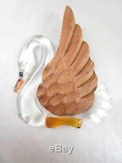 Charming Vintage 1940s Carved Lucite And Wood Swan Pin