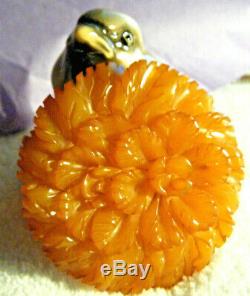 Chunky Vintage Art Deco Carved Butterscotch Bakelite Flower Silver Pin Brooch