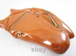 Classic 1940's Butterscotch Carved Bakelite Frontal Horsehead Pin With Bridle