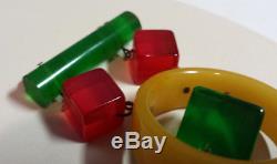 Colorful Vintage BAKELITE Pin Brooch Geometric Dangles Cubes