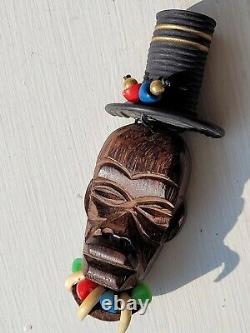 Coolest Vintage Bakelite Era Wood Carved Voodoo Witch Doctor Brooch Pin